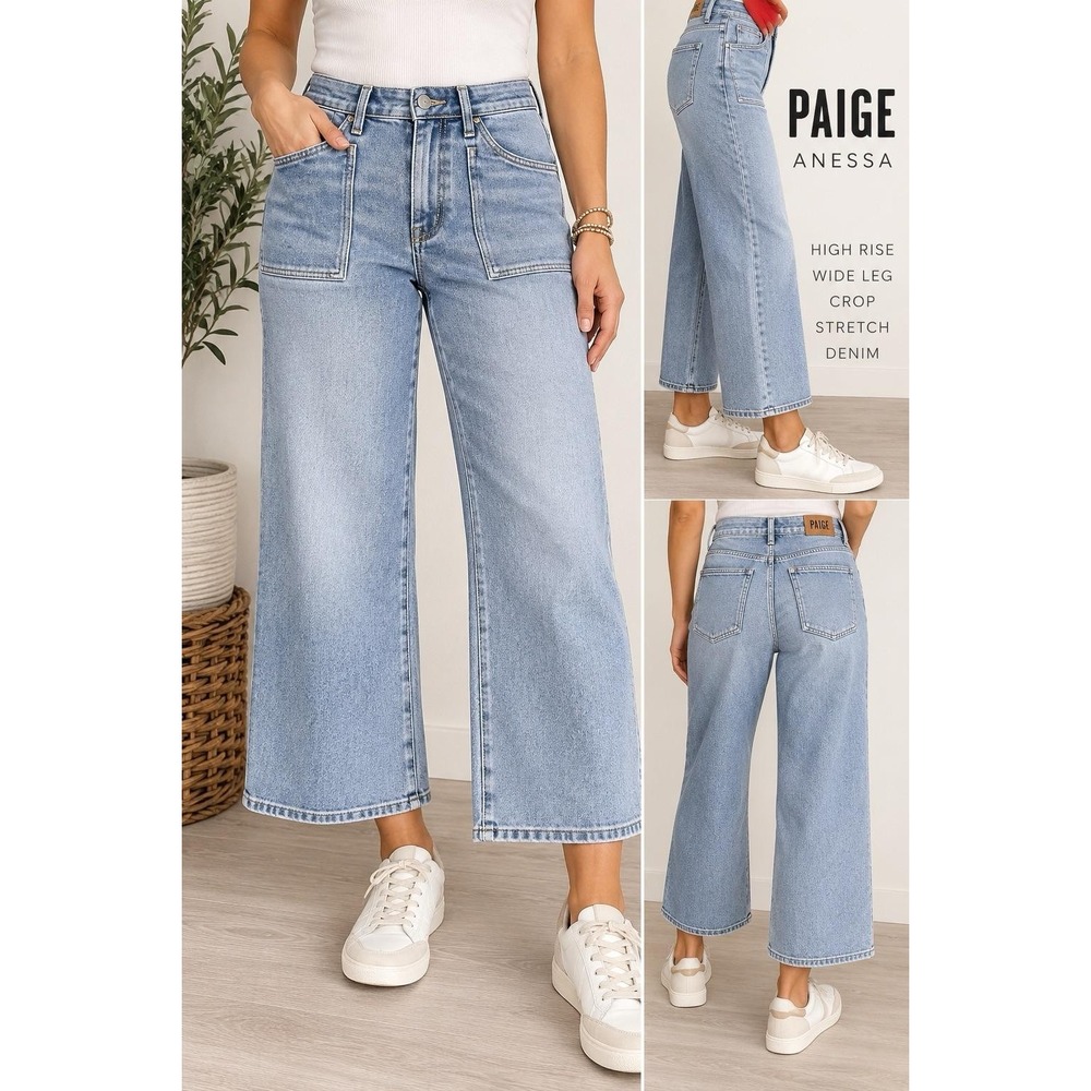 PAIGE Anessa Jeans Womens 27 Light Wash High Rise Wide Leg Crop Patch Pocket